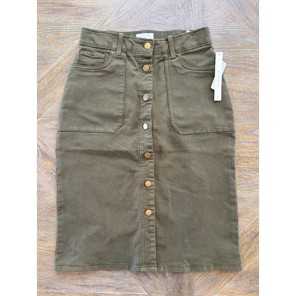 Caslon Women's Stretch Waist Olive Green Cargo Button Up Pencil Skirt Size 2 NWT - Picture 1 of 8